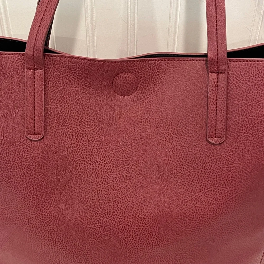 Reversible Faux Leather Tote Bag Women Burgundy Black‎ Everyday Carryall